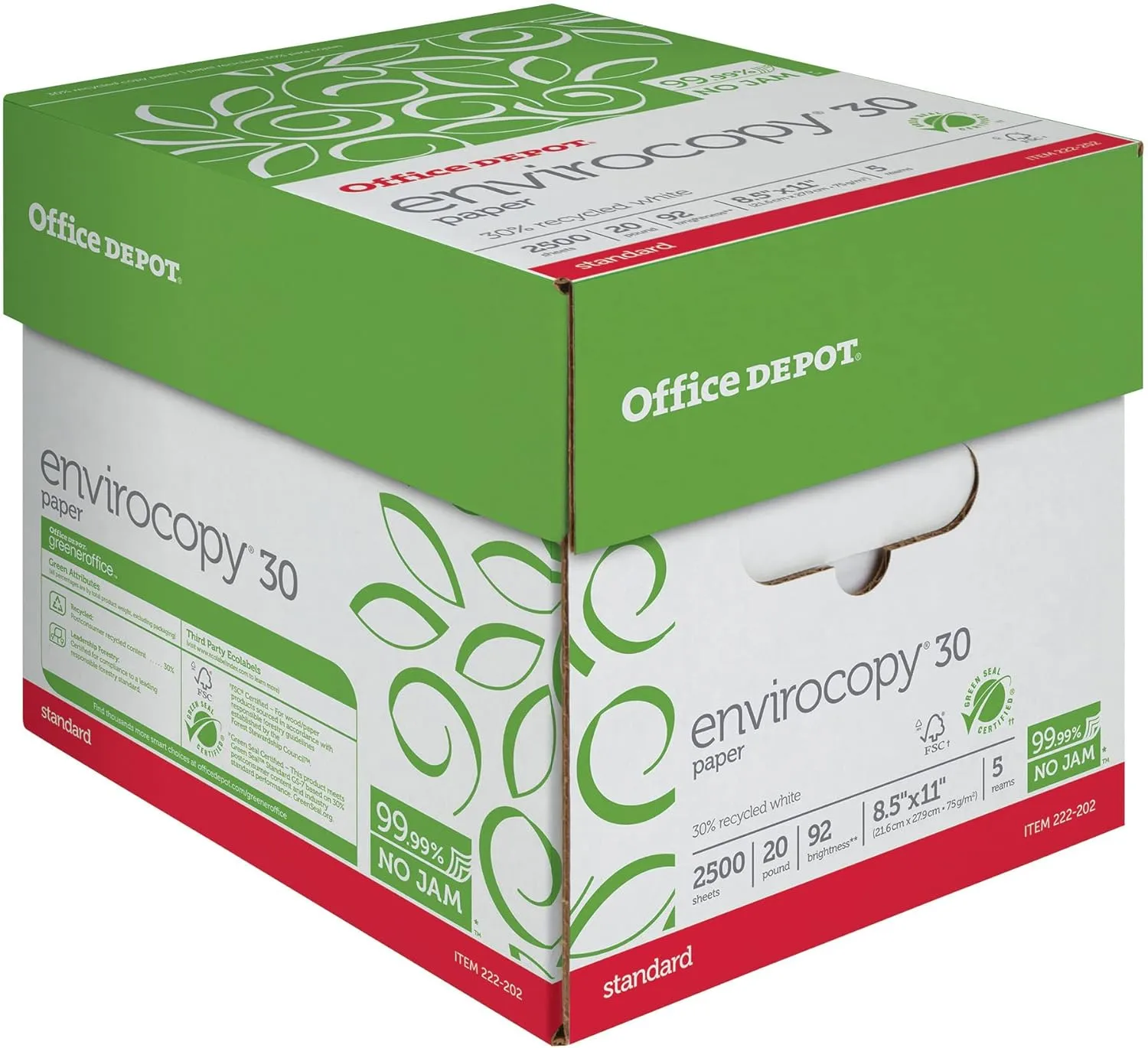 Office Depot EnviroCopy Copy Paper, 5 Reams, White, Letter (8.5in x 11in), 2500 Sheets Per Case, 20 Lb, 30% Recycled, FSC Certified