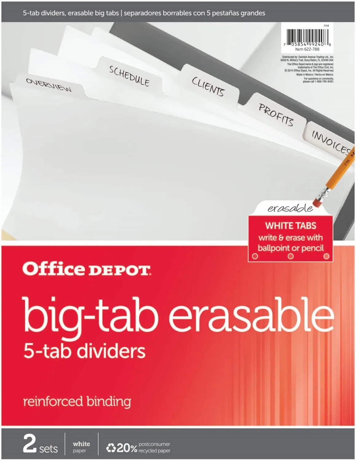 Office Depot Erasable Big Tab Dividers, 5-Tab, White, Pack of 2 Sets