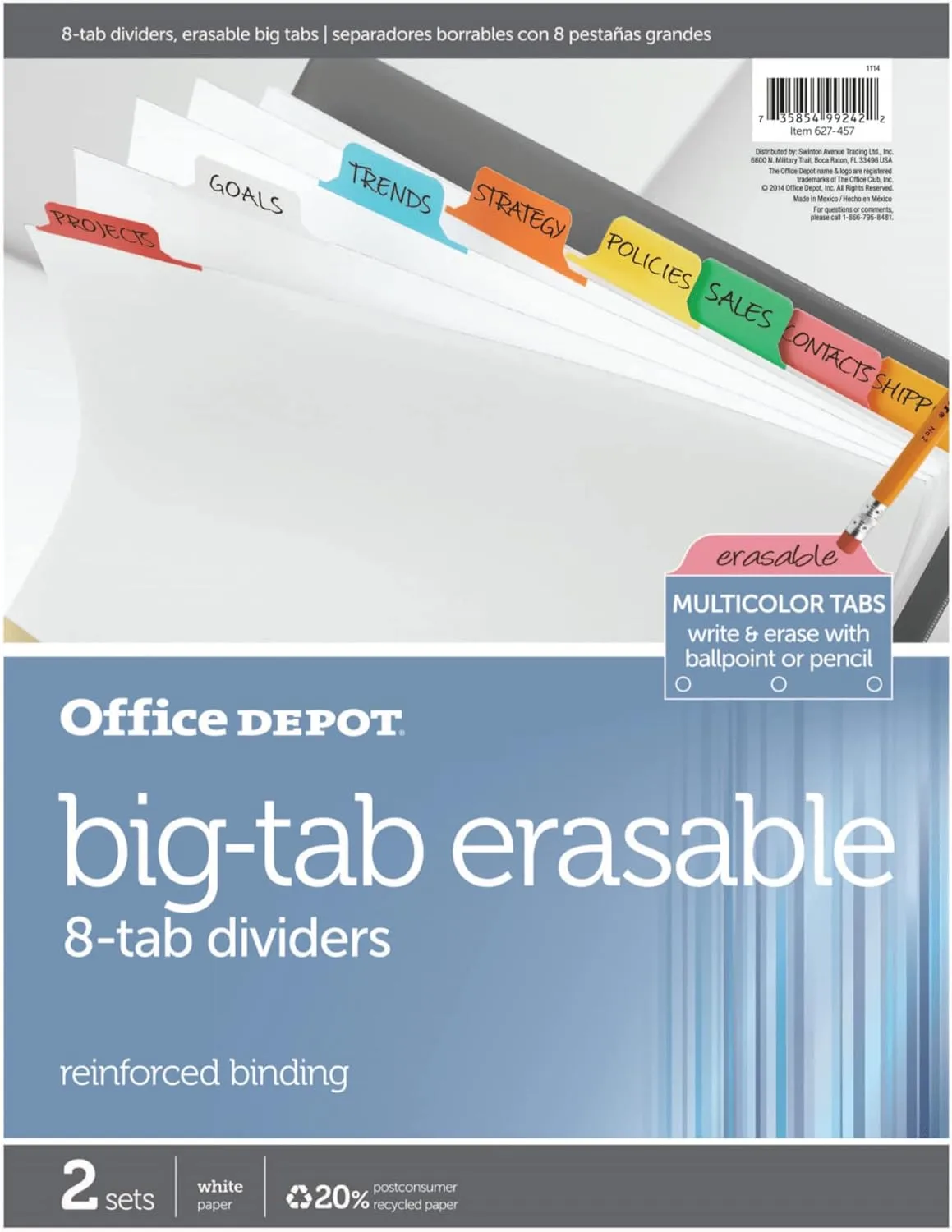Office Depot Erasable Big Tab Dividers, 8-Tab, Assorted Colors, Pack of 2 Sets
