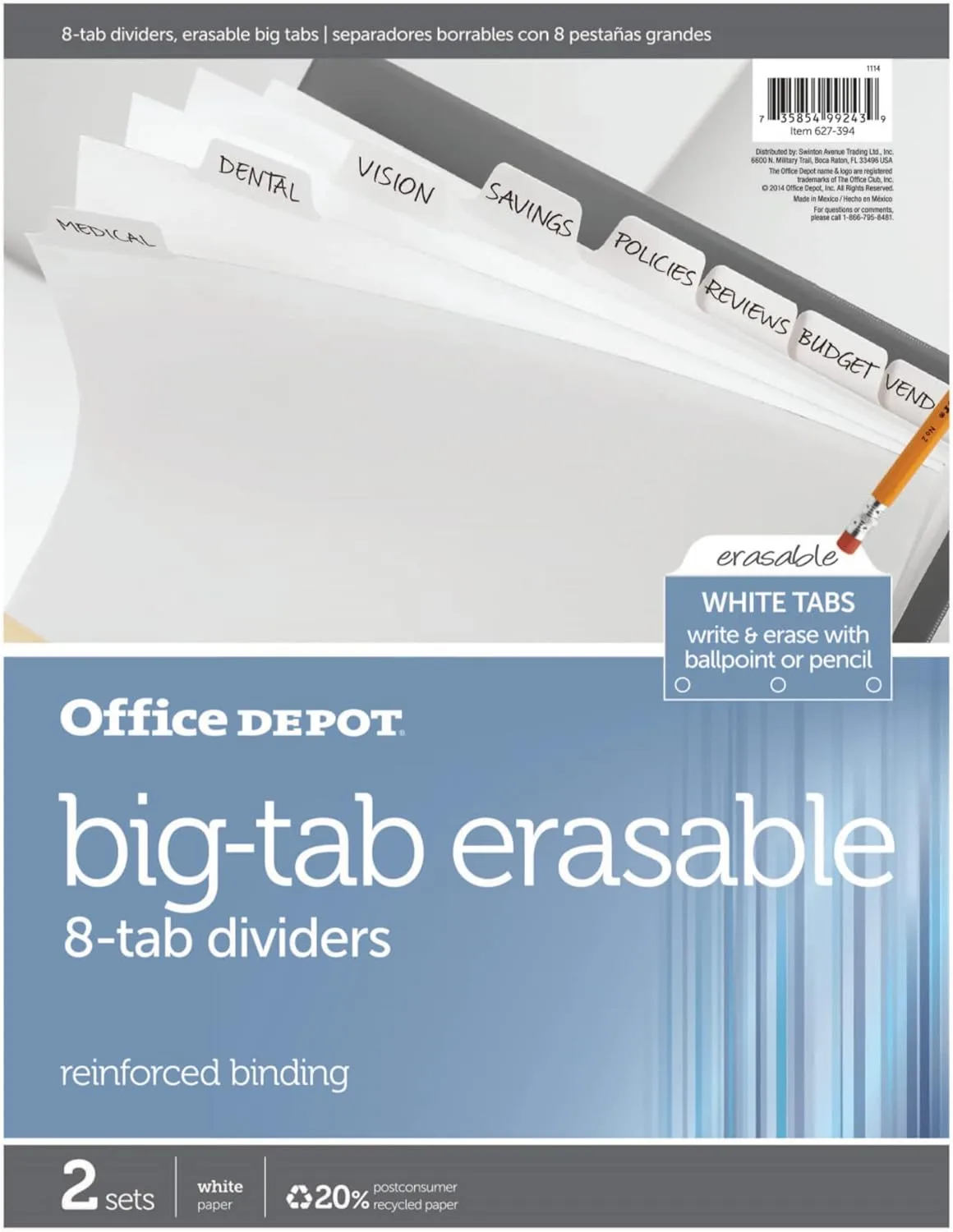 Office Depot Brand Erasable Big Tab Dividers, 8-Tab, White, Pack Of 2 Sets