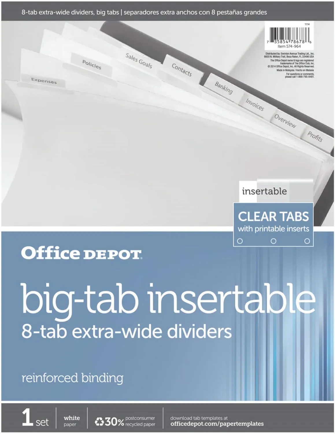 Office Depot Insertable Extra-Wide Dividers with Big Tabs, Clear, 8-Tab, OD14796