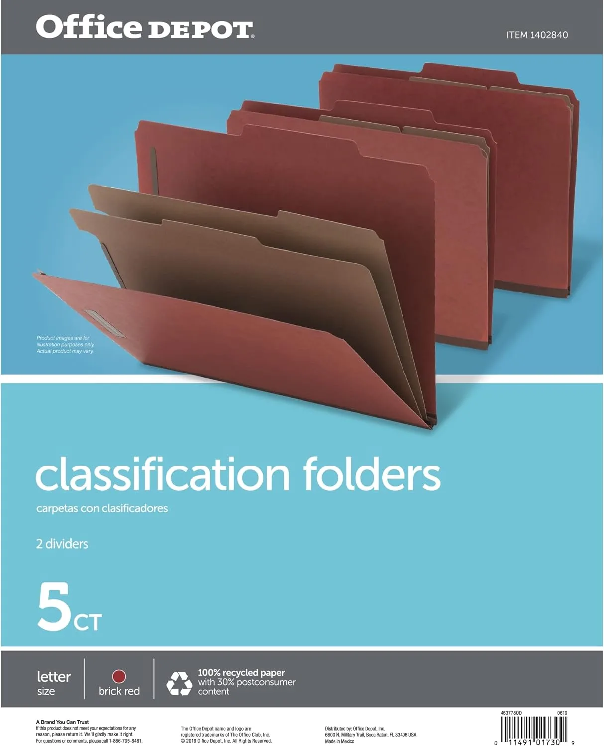 Office Depot Brand Classification Folders, 2 1/2in Expansion, Letter Size, 2 Dividers, 83% Recycled, Brick Red, Pack Of 5 Folders