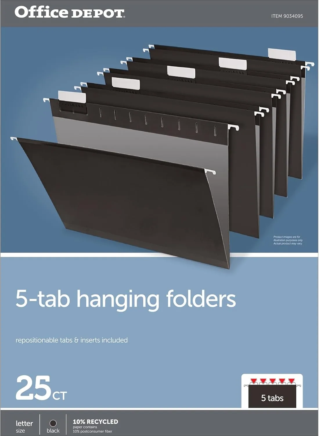 Office Depot® Brand Hanging File Folders, 1/5-Cut, Letter Size, Black, Pack of 25 Folders