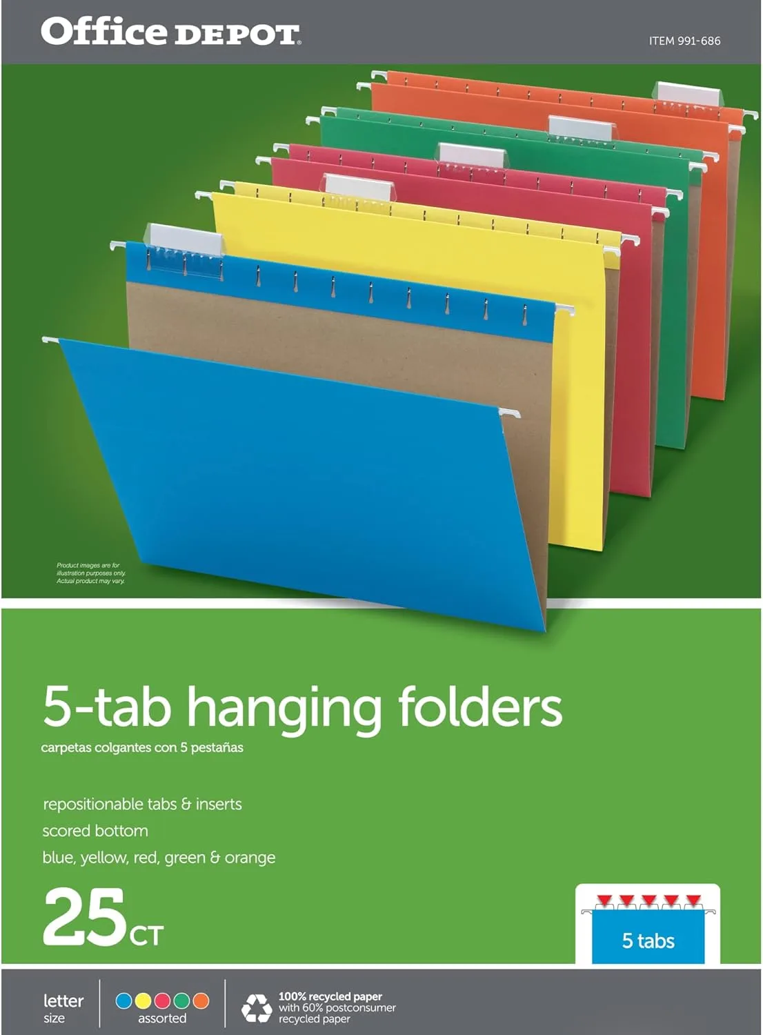 Office Depot® Brand Hanging File Folders, Letter Size, 100% Recycled, Assorted Colors, Box of 25