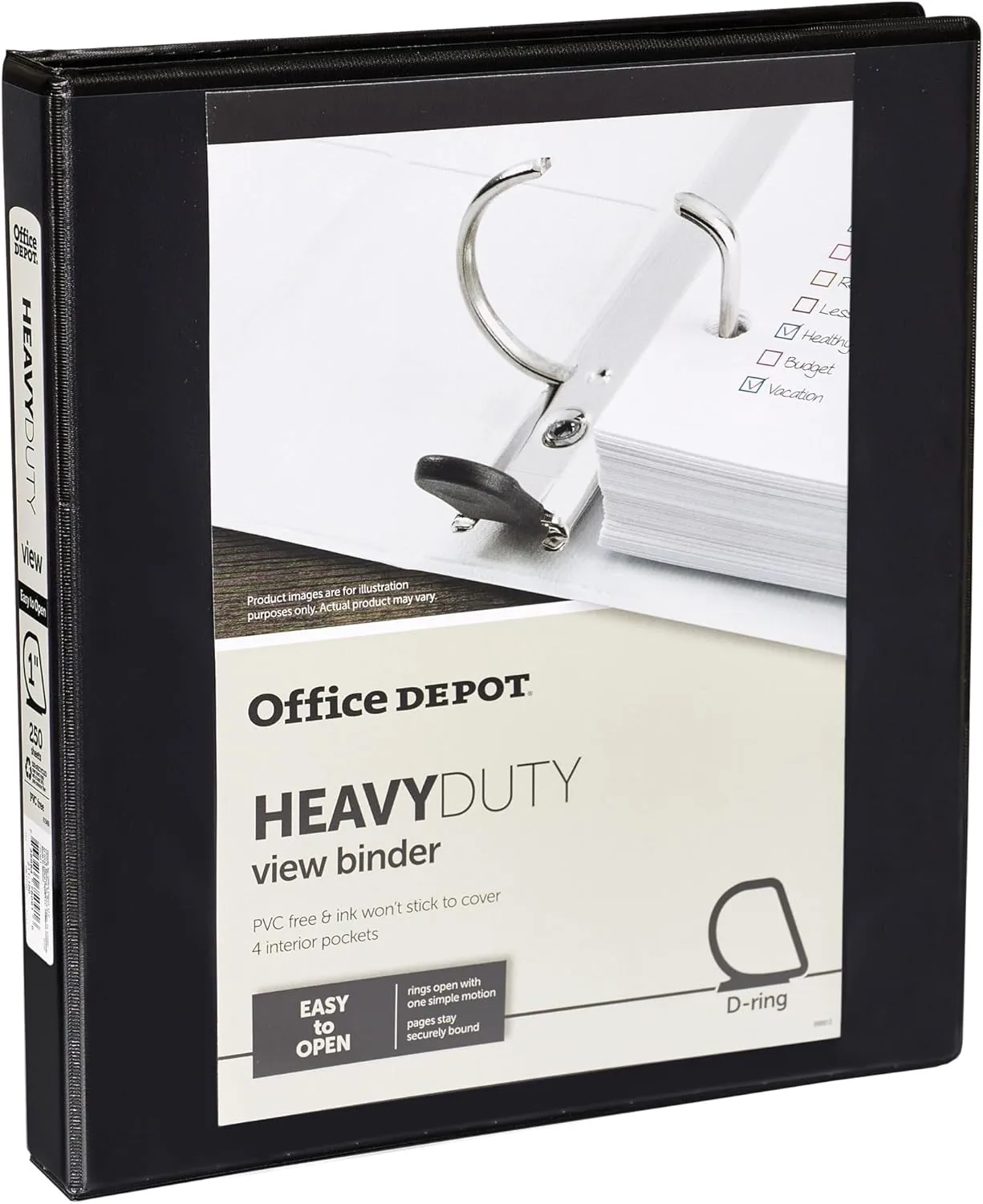 Office Depot® Brand Heavy-Duty View 3-Ring Binder, 1" D-Rings, 49% Recycled, Black