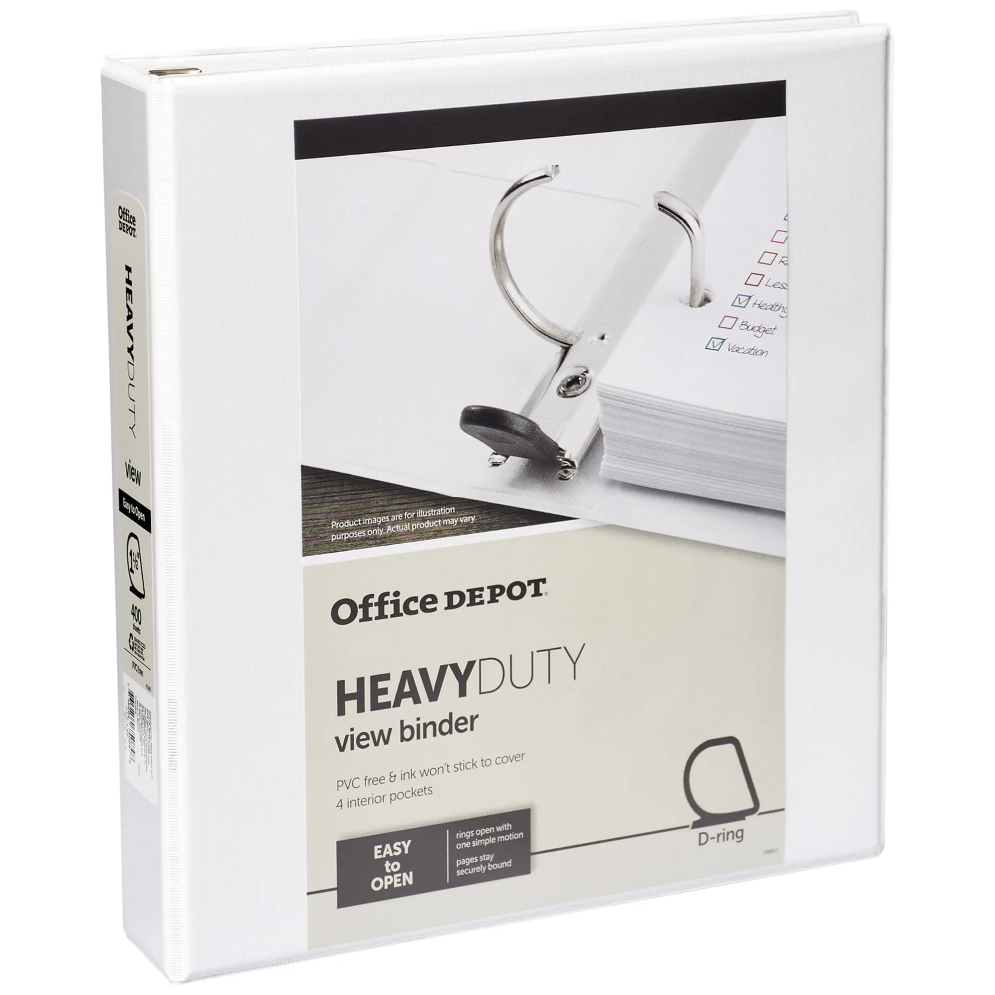 Office Depot Brand Heavy-Duty View 3-Ring Binder, 1 1/2" D-Rings, 49% Recycled, White
