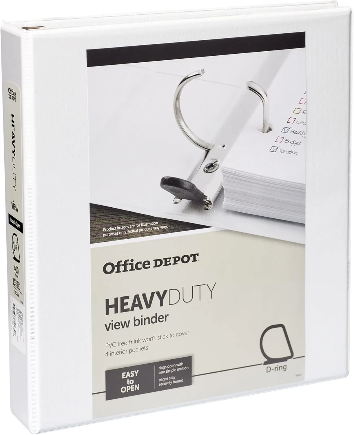 Office Depot Brand Heavy-Duty View 3-Ring Binder, 1 1/2" D-Rings, 49% Recycled, White