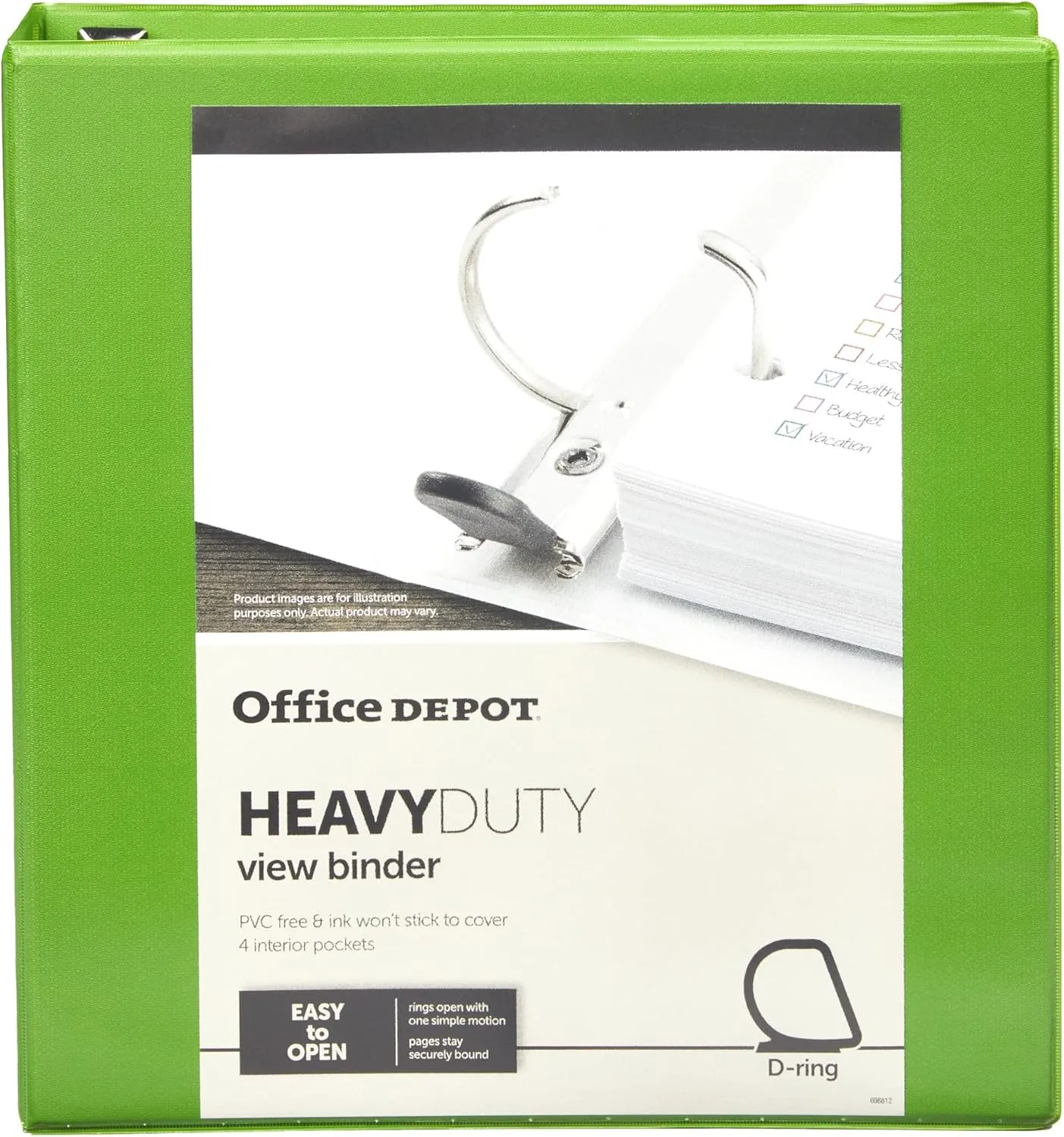 Office Depot Brand Heavy-Duty D-Ring View Binder, 1 1/2" Rings, 54% Recycled, Army Green