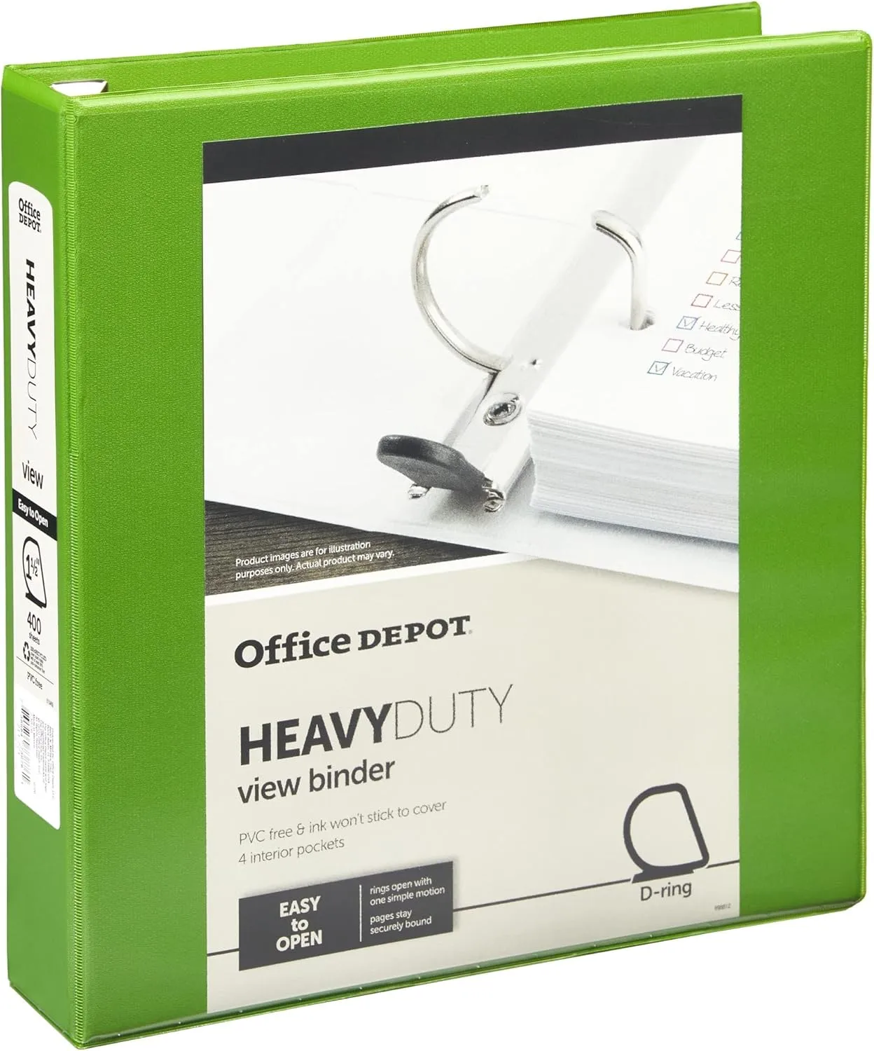Office Depot Brand Heavy-Duty D-Ring View Binder, 1 1/2" Rings, 54% Recycled, Army Green