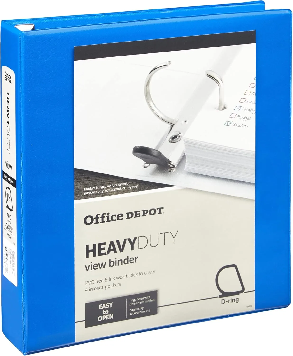 Office Depot® Brand Heavy-Duty Easy Open® D-Ring View Binder, 1 1/2" Rings, 54% Recycled, Blue