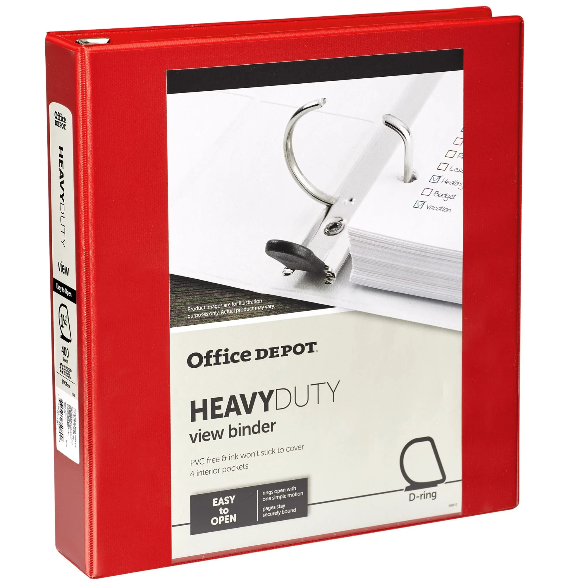 Office Depot® Brand Heavy-Duty D-Ring View Binder, 1 1/2" Rings, 54% Recycled, Red