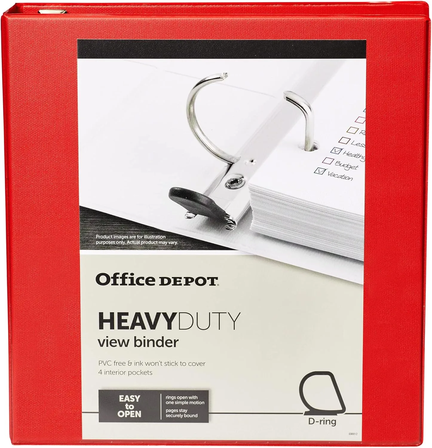 Office Depot® Brand Heavy-Duty D-Ring View Binder, 1 1/2" Rings, 54% Recycled, Red