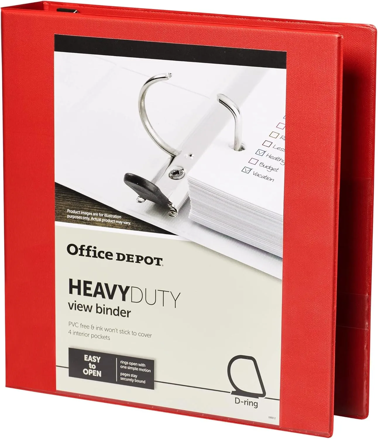 Office Depot® Brand Heavy-Duty D-Ring View Binder, 1 1/2" Rings, 54% Recycled, Red