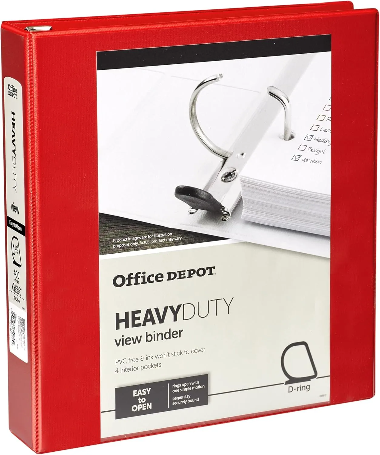 Office Depot® Brand Heavy-Duty D-Ring View Binder, 1 1/2" Rings, 54% Recycled, Red