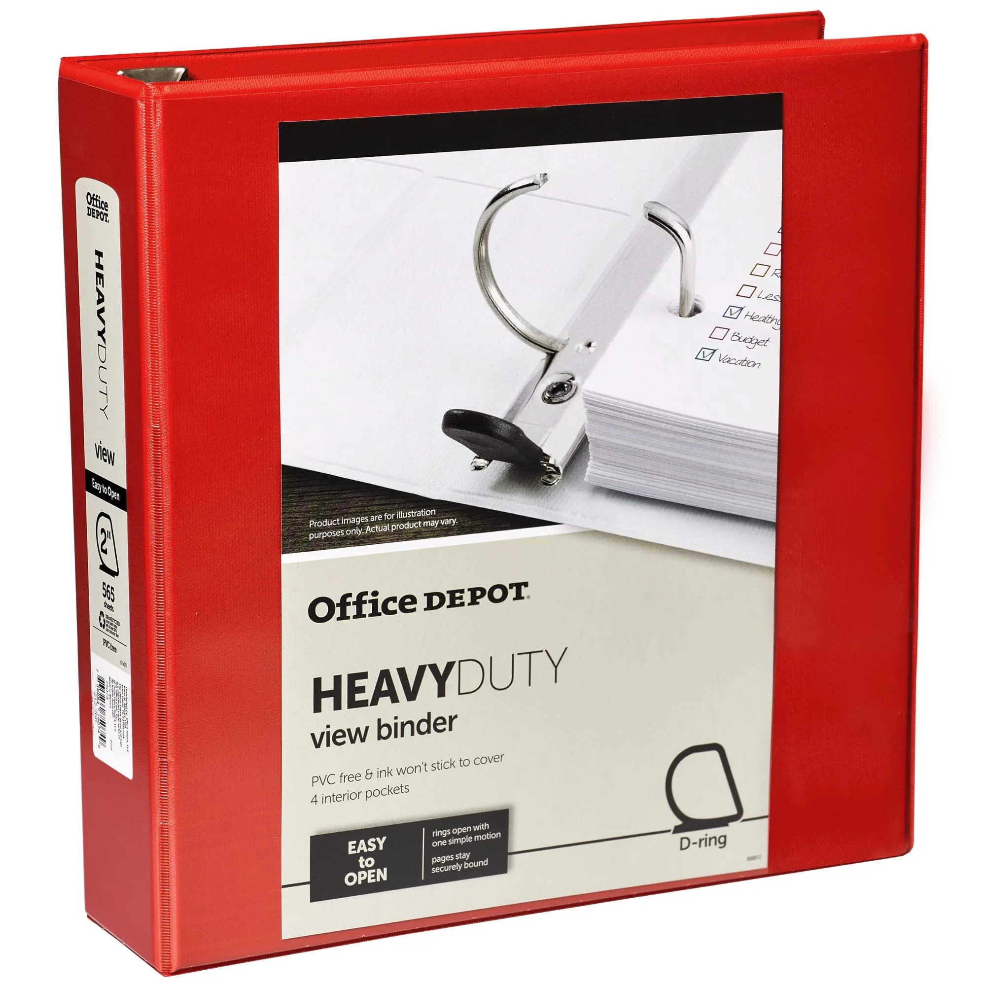 Office Depot Brand Heavy-Duty D-Ring View Binder, 2" Rings, 54% Recycled, Red