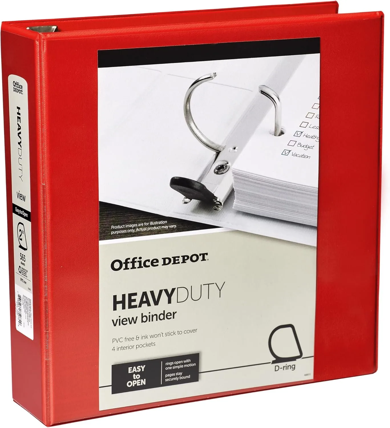Office Depot Brand Heavy-Duty D-Ring View Binder, 2" Rings, 54% Recycled, Red