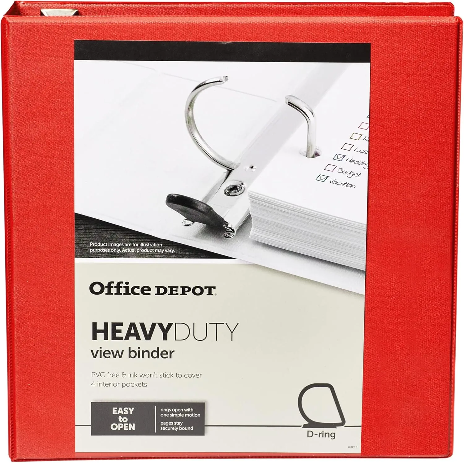 Office Depot Brand Heavy-Duty D-Ring View Binder, 2" Rings, 54% Recycled, Red