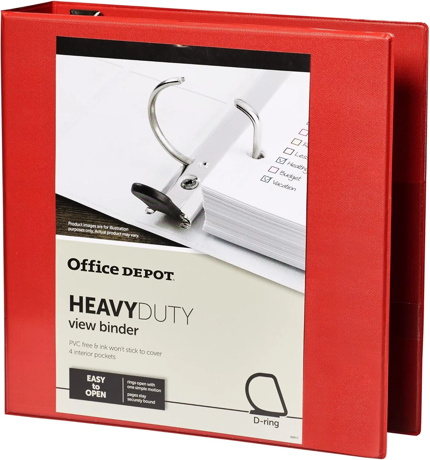 Office Depot Brand Heavy-Duty D-Ring View Binder, 2" Rings, 54% Recycled, Red