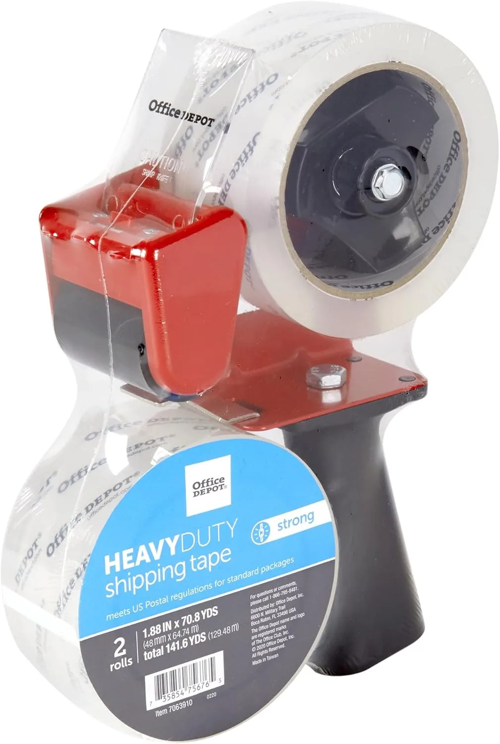Office Depot® Brand Heavy Duty Shipping Packing Tape With Tape Gun, 1.89" x 70.8 Yd, Crystal Clear, Pack Of 2 Rolls