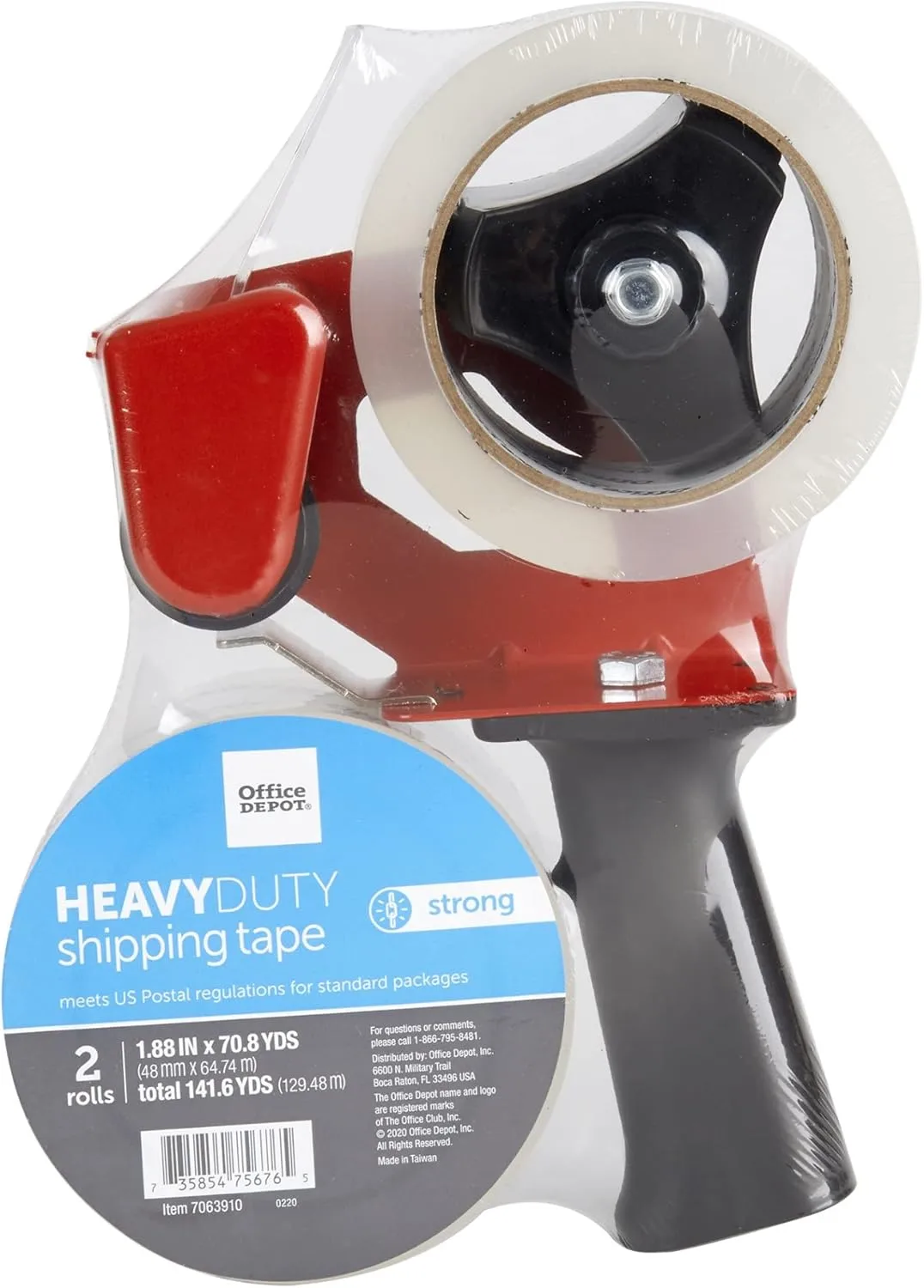 Office Depot® Brand Heavy Duty Shipping Packing Tape With Tape Gun, 1.89" x 70.8 Yd, Crystal Clear, Pack Of 2 Rolls