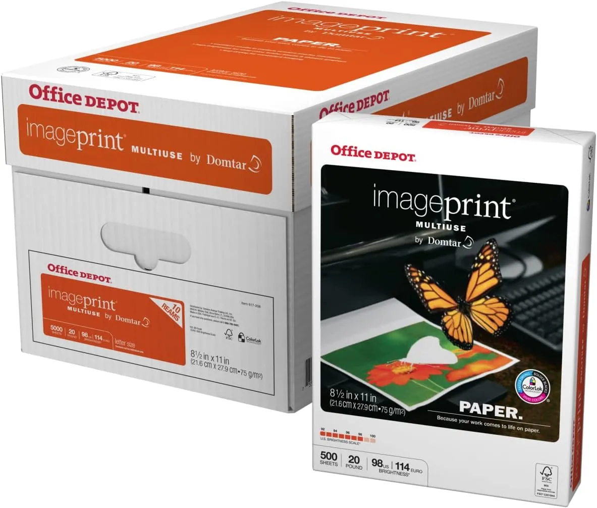 Office Depot ImagePrint FSC Certified Multiuse Paper by Domtar, 8 1/2in x 11in, 20 Lb, White, 500 Sheets Per Ream, Case Of 10 Reams, 1821