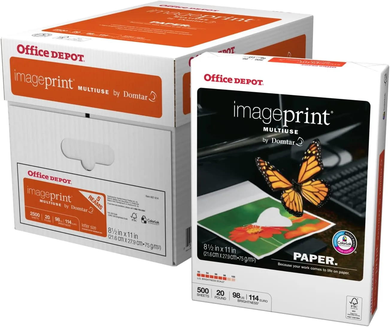 Office Depot ImagePrint FSC Certified Multiuse Paper by Domtar, 8 1/2in x 11in, 20 Lb, White, 500 Sheets Per Ream, Case Of 5 Reams, 1914