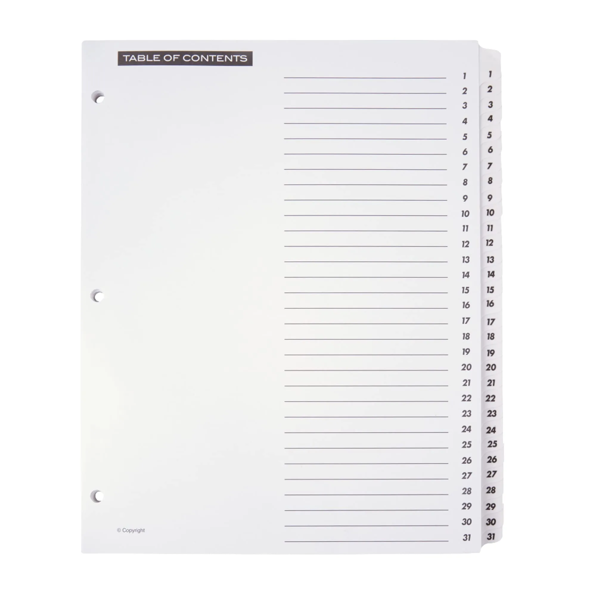 Office Depot Table Of Contents Customizable Index With Preprinted Tabs, White, Numbered 1-31, OD409716