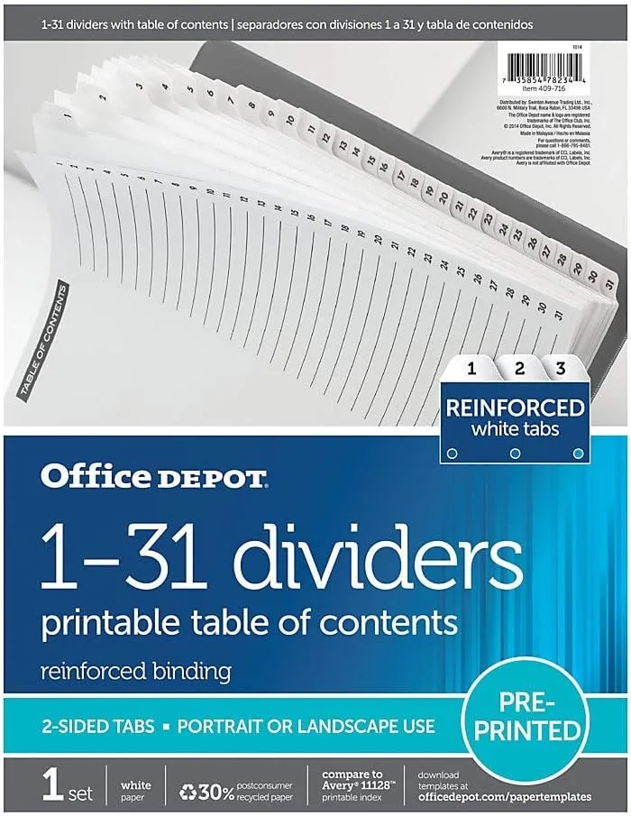 Office Depot Table Of Contents Customizable Index With Preprinted Tabs, White, Numbered 1-31, OD409716