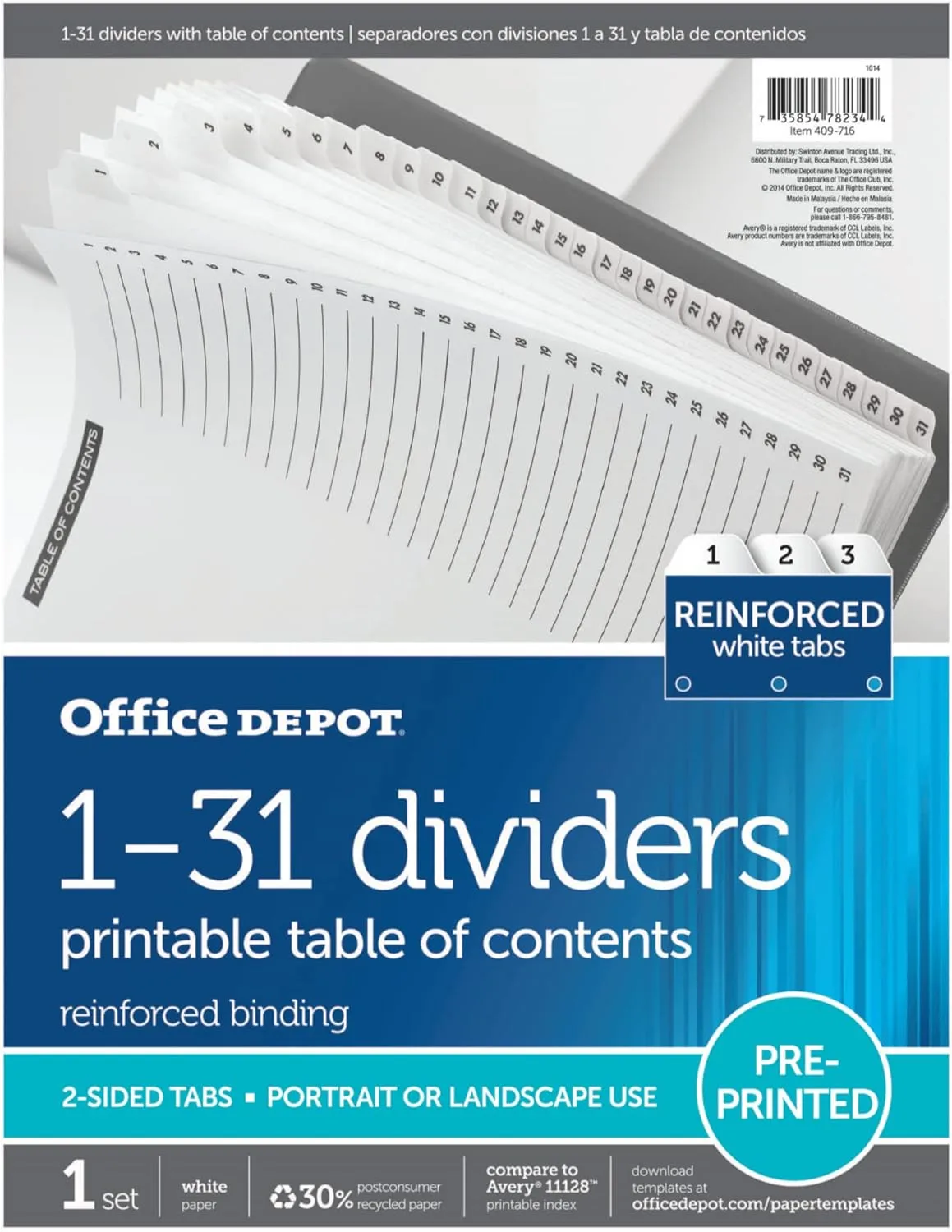 Office Depot Table Of Contents Customizable Index With Preprinted Tabs, White, Numbered 1-31, OD409716
