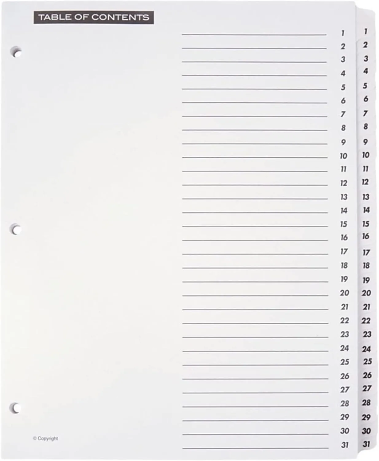 Office Depot Table Of Contents Customizable Index With Preprinted Tabs, White, Numbered 1-31, OD409716