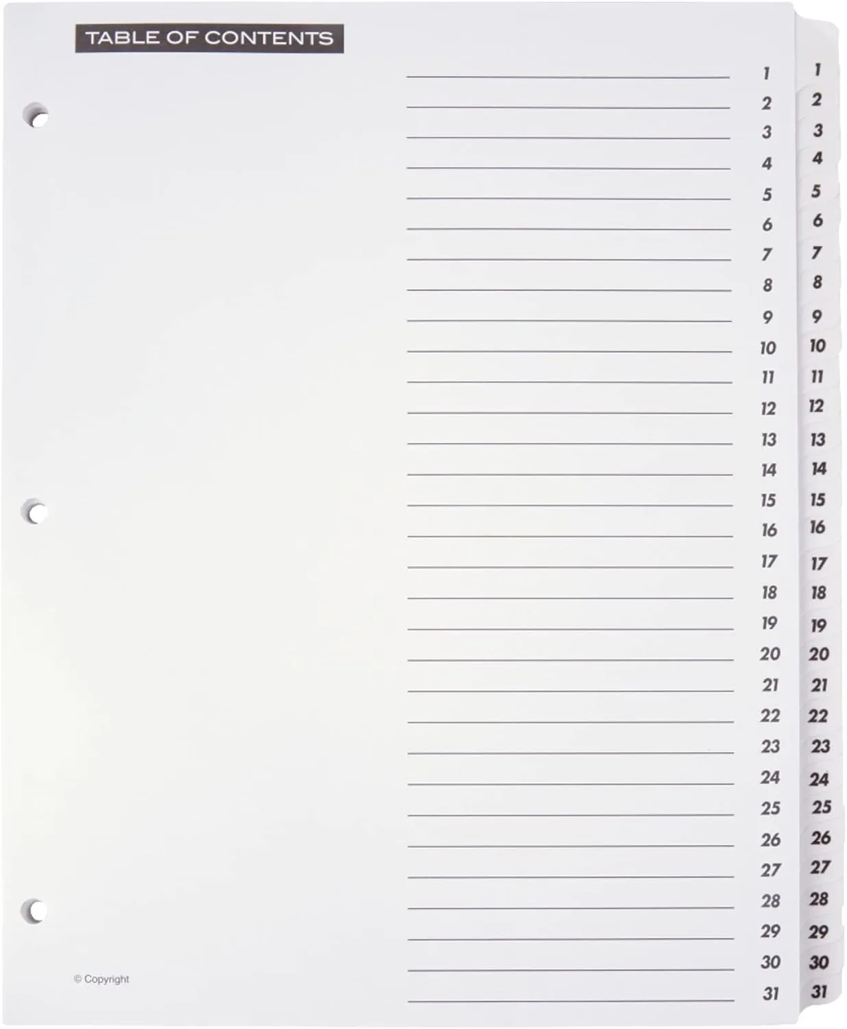 Office Depot Table Of Contents Customizable Index With Preprinted Tabs, White, Numbered 1-31, OD409716