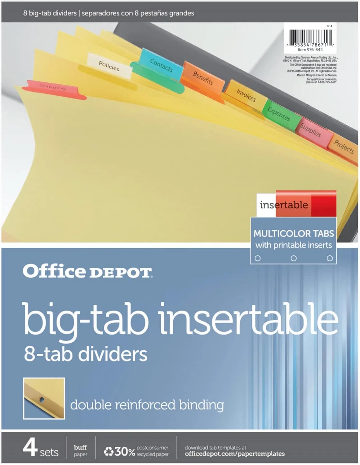 Office Depot Brand Insertable Dividers with Big Tabs, Buff, Assorted Colors, 8-Tab, Pack of 4 Sets