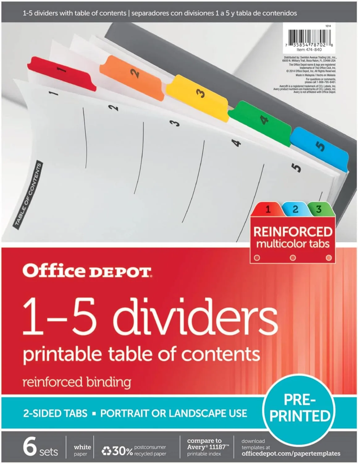 Office Depot Table of Contents Customizable Index with Preprinted Tabs, Assorted Colors, Numbered 1-5, 6 Sets