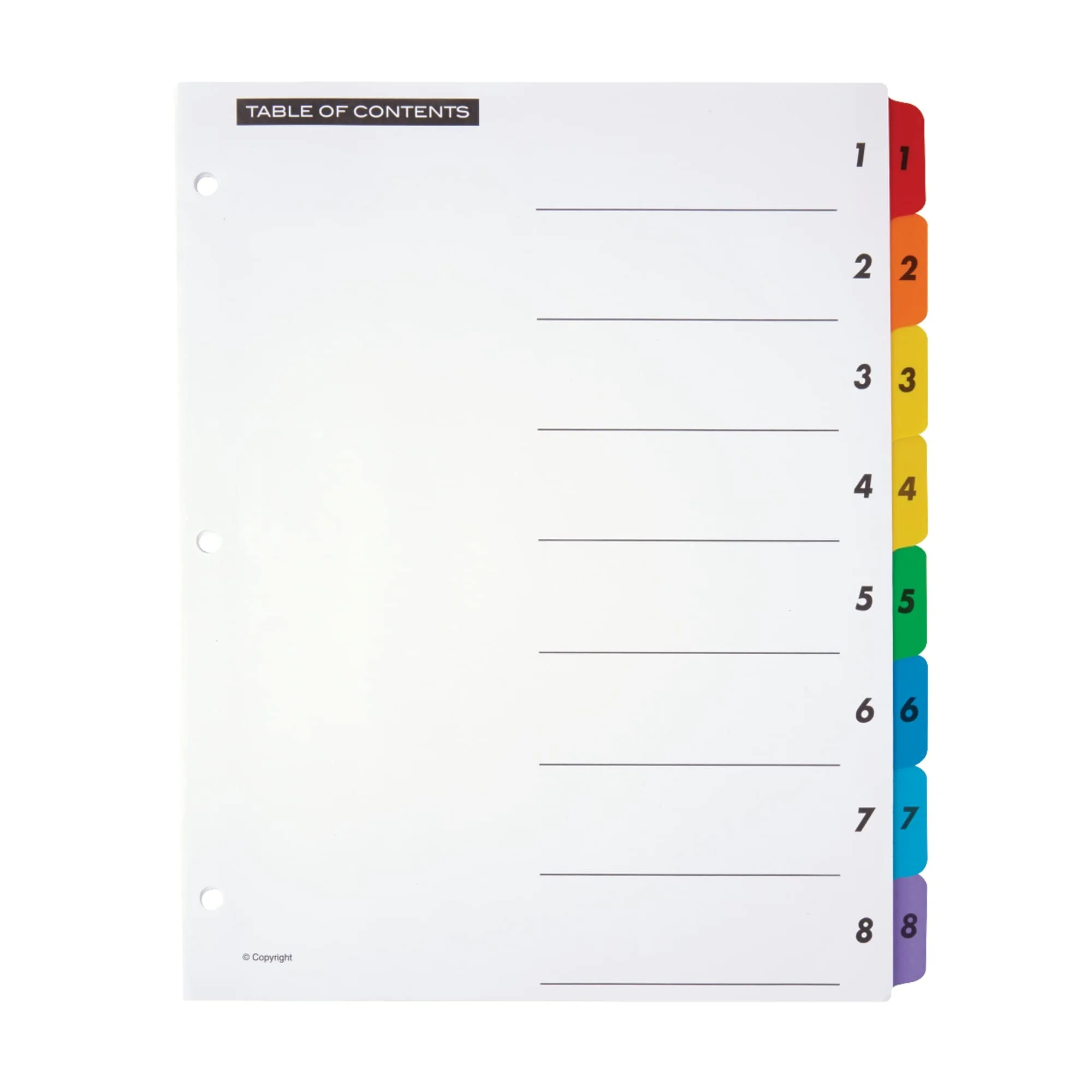 Office Depot Table Of Contents Customizable Index With Preprinted Tabs, Assorted Colors, Numbered 1-8, 6 Sets, 14709