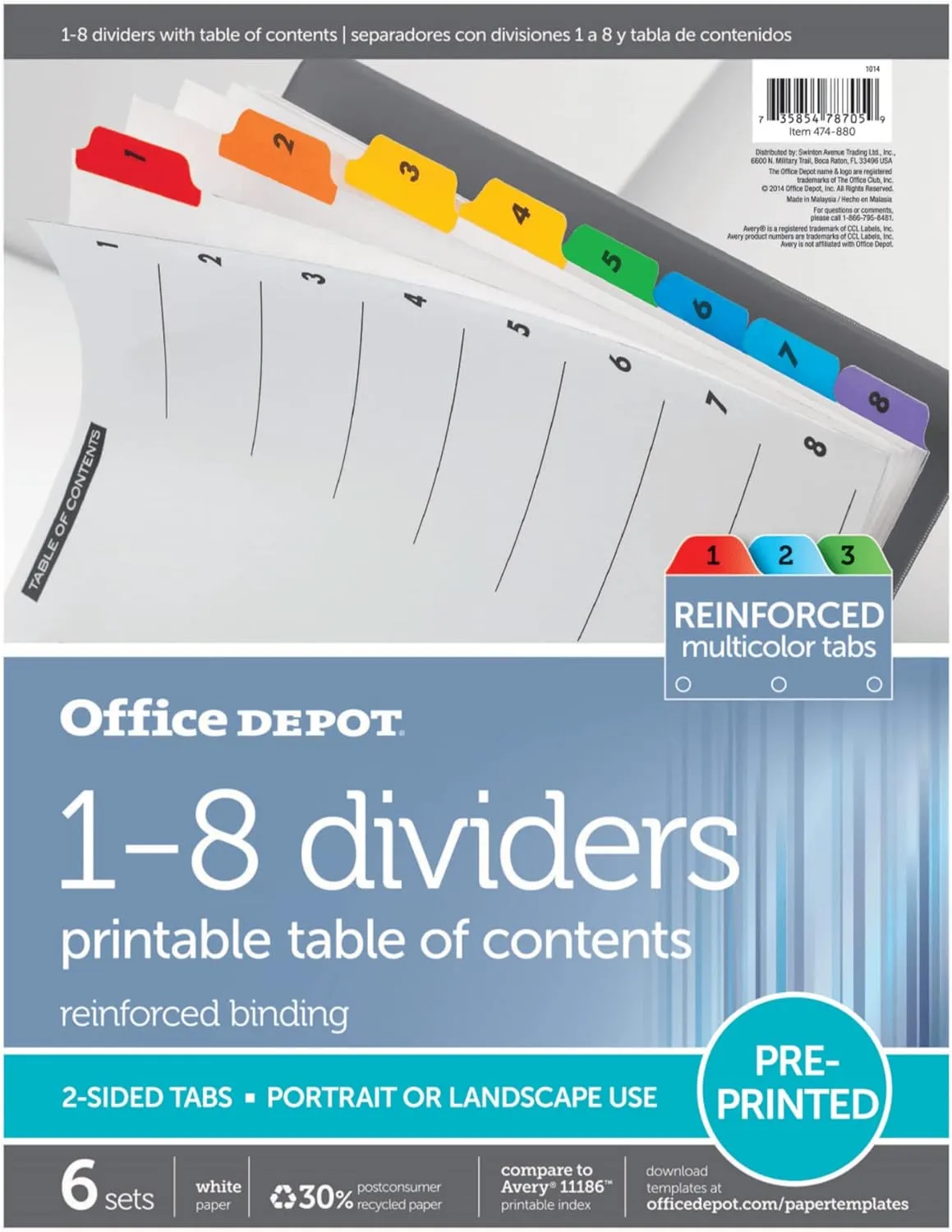 Office Depot Table Of Contents Customizable Index With Preprinted Tabs, Assorted Colors, Numbered 1-8, 6 Sets, 14709
