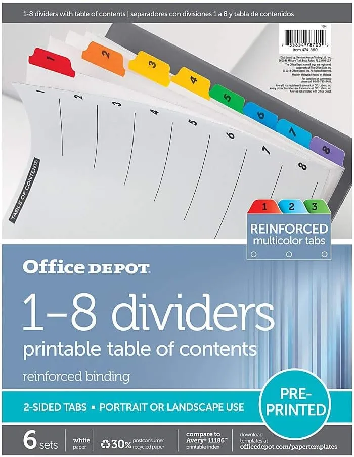 Office Depot Table Of Contents Customizable Index With Preprinted Tabs, Assorted Colors, Numbered 1-8, 6 Sets, 14709