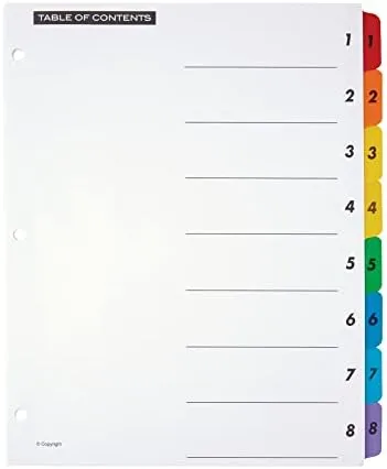 Office Depot Table Of Contents Customizable Index With Preprinted Tabs, Assorted Colors, Numbered 1-8, 6 Sets, 14709
