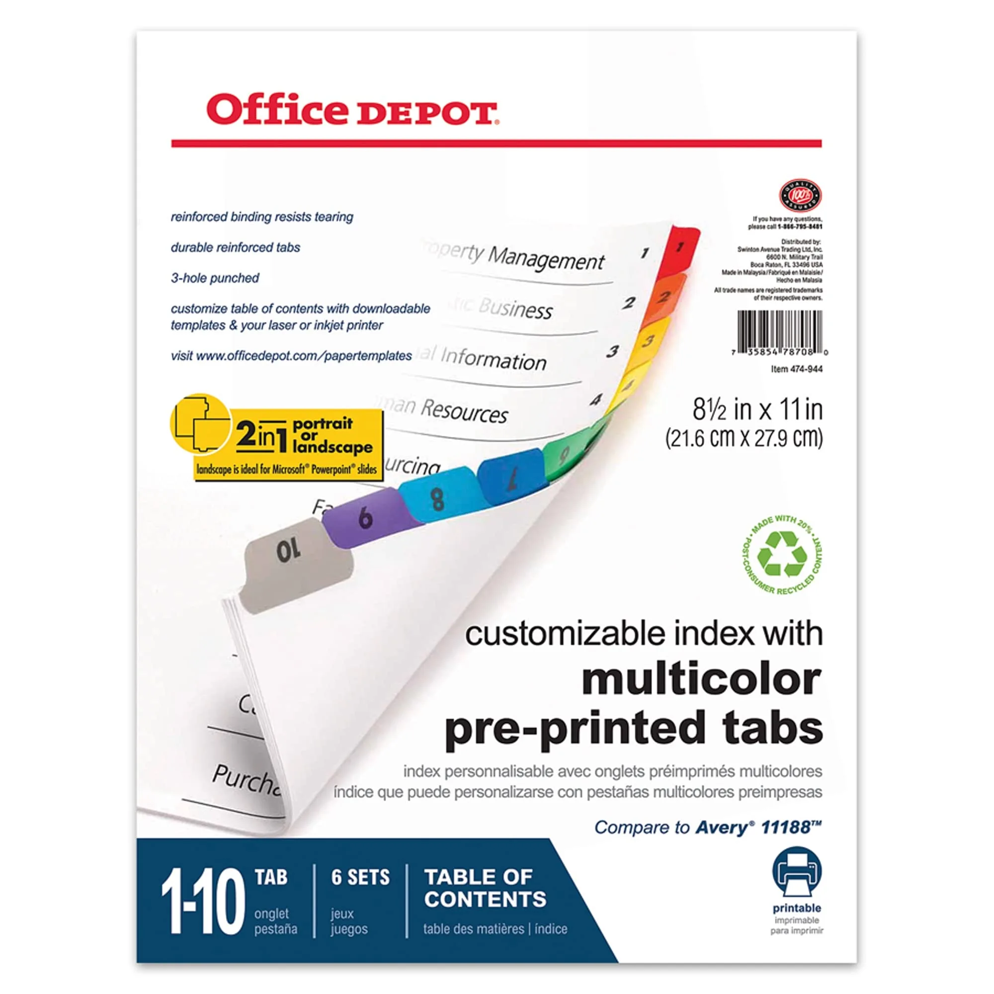 Office Depot Table Of Contents Customizable Index With Preprinted Tabs, Assorted Colors, Numbered 1-10, 6 Sets, 14710