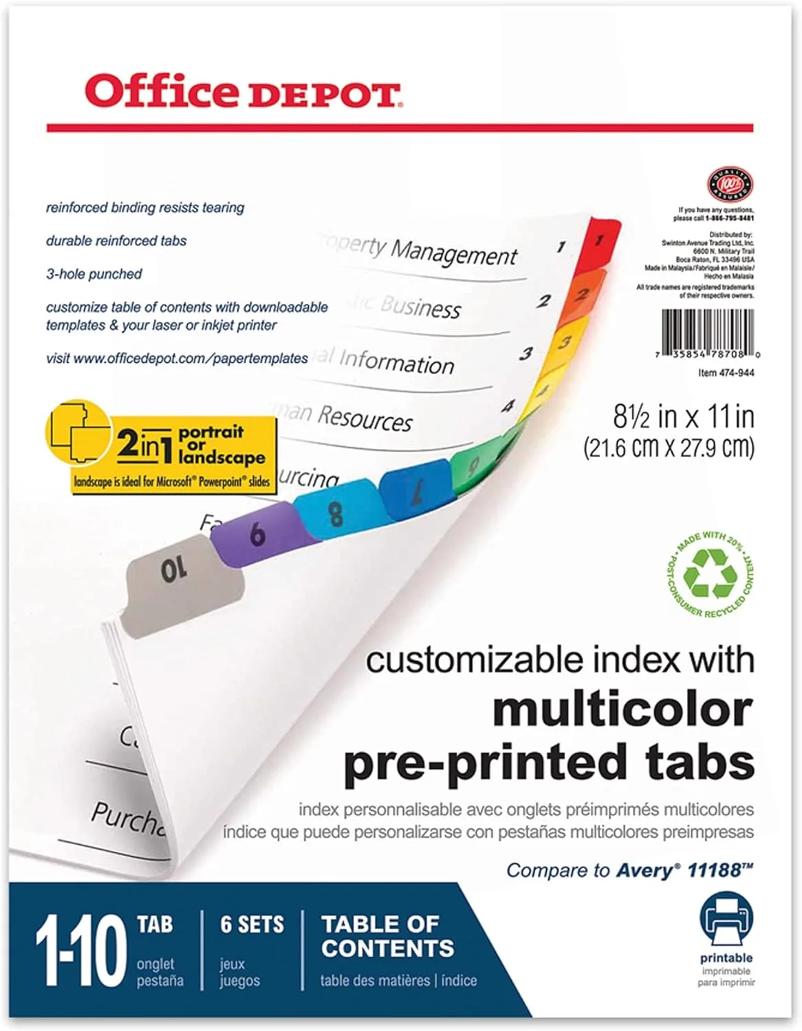 Office Depot Table Of Contents Customizable Index With Preprinted Tabs, Assorted Colors, Numbered 1-10, 6 Sets, 14710