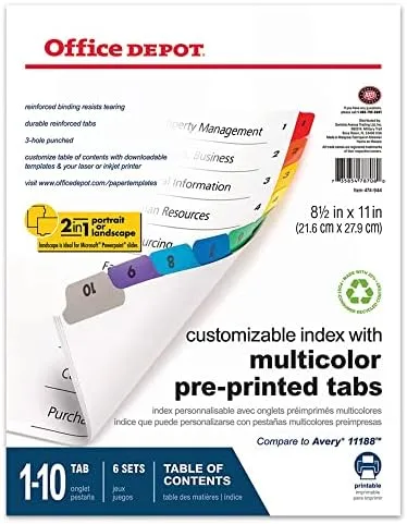 Office Depot Table Of Contents Customizable Index With Preprinted Tabs, Assorted Colors, Numbered 1-10, 6 Sets, 14710