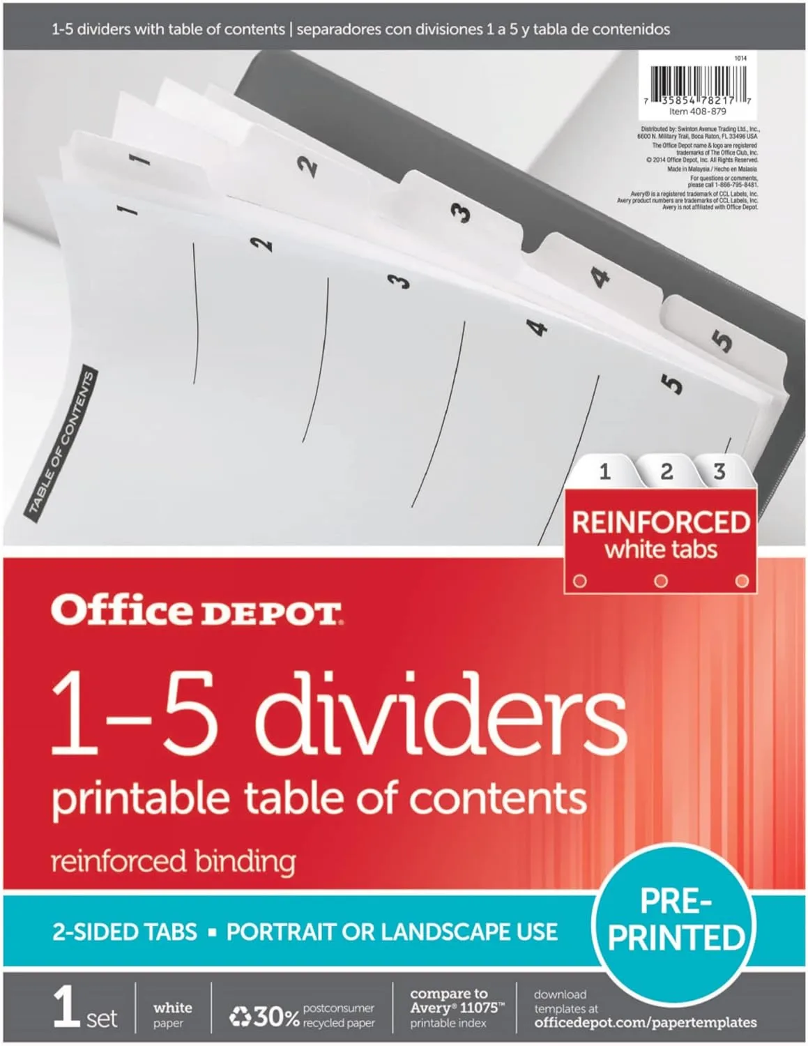 Office Depot Table Of Contents Customizable Index With Preprinted Tabs, White, Numbered 1-5, OD408879