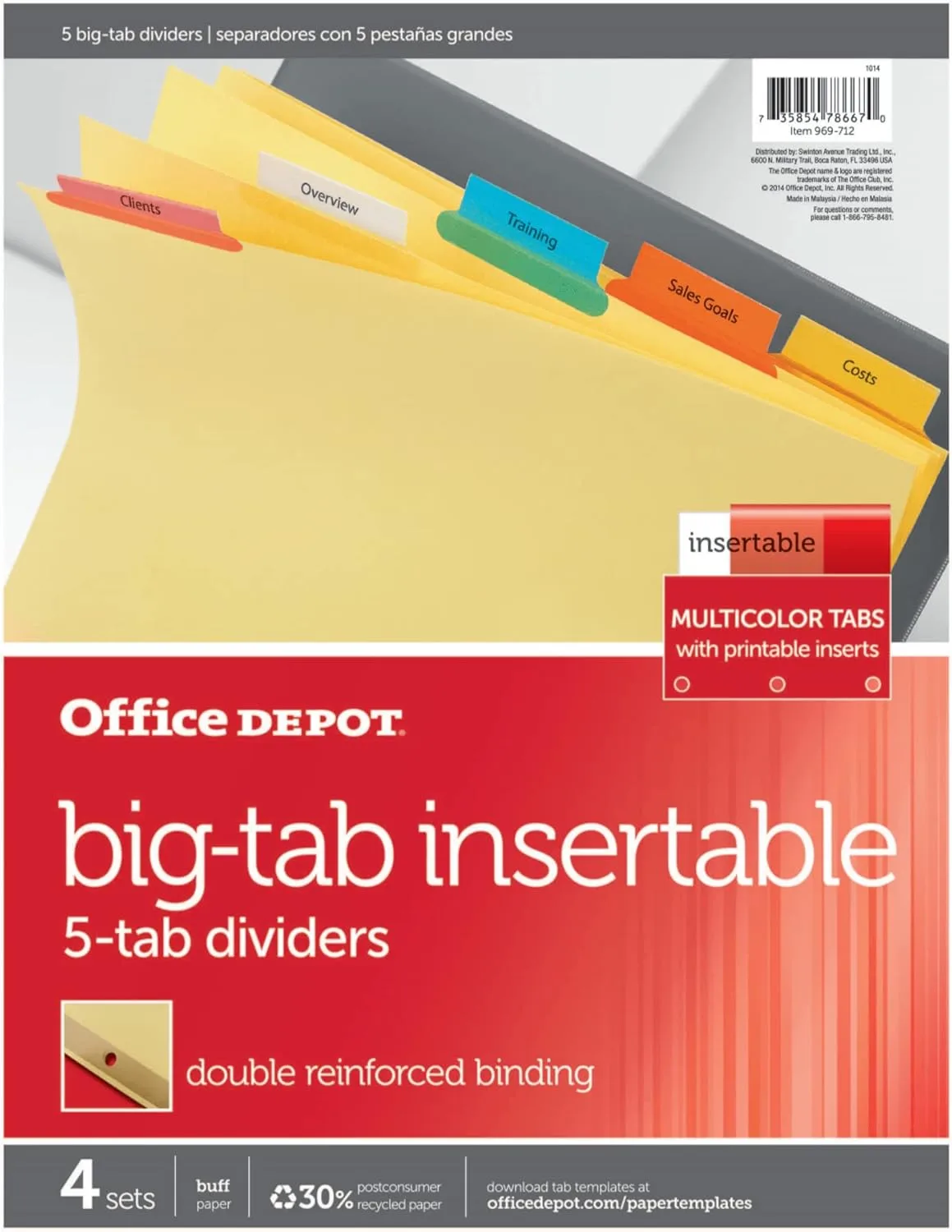 Office Depot® Brand Insertable Dividers With Big Tabs, Buff, Assorted Colors, 5-Tab, Pack Of 4 Sets