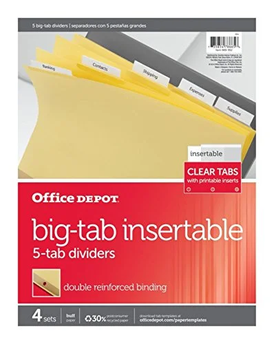 Office Depot Insertable Dividers with Big Tabs, Buff & Clear Tabs, 5-Tab, 4 Sets (20 Dividers)