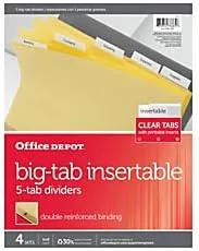 Office Depot Insertable Dividers with Big Tabs, Buff & Clear Tabs, 5-Tab, 4 Sets (20 Dividers)