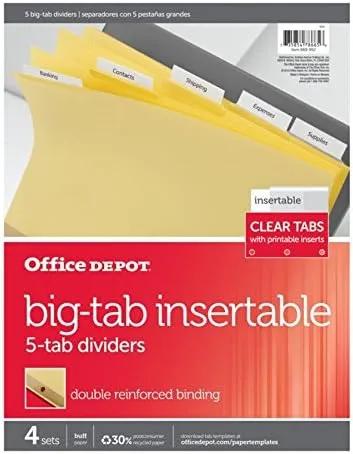 Office Depot Insertable Dividers with Big Tabs, Buff & Clear Tabs, 5-Tab, 4 Sets (20 Dividers)