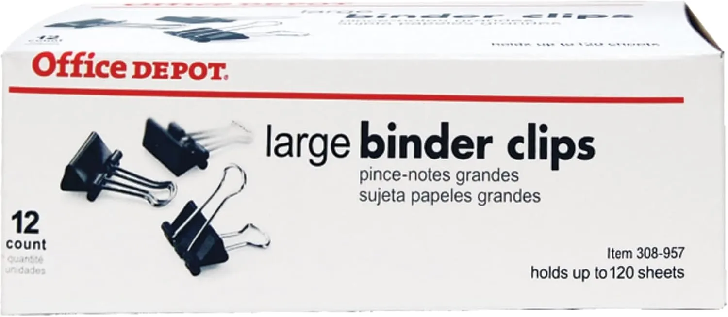 Office Depot Brand Binder Clips, Large, 2in Wide, 1in Capacity, Black, Box Of 12