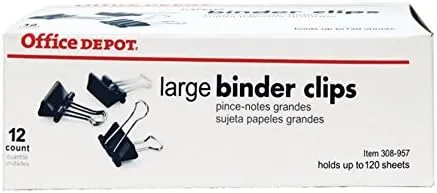 Office Depot Brand Binder Clips, Large, 2in Wide, 1in Capacity, Black, Box Of 12