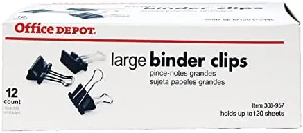 Office Depot Brand Binder Clips, Large, 2in Wide, 1in Capacity, Black, Box Of 12