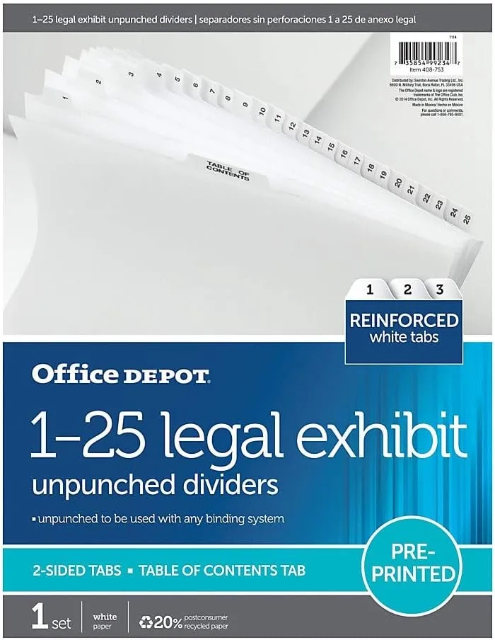 Office Depot Legal Index Unpunched Dividers with Laminated Tabs, Numbered 1-25