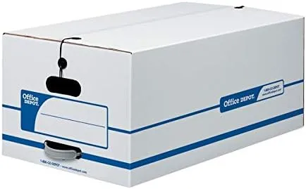 Office Depot® Brand Quick Set-Up Storage Boxes With String & Button Closure, Legal, 24" x 15" x 10", 60% Recycled, White/Blue, Pack Of 12